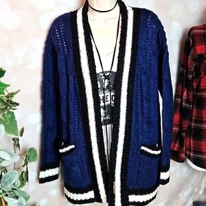 Pink Rose | Navy and Black Varsity Cardigan Cable Knit